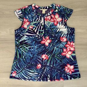 Paradise Bay Women Top Tropical Floral Lace Back Front Cap Sleeve Blue Purple M